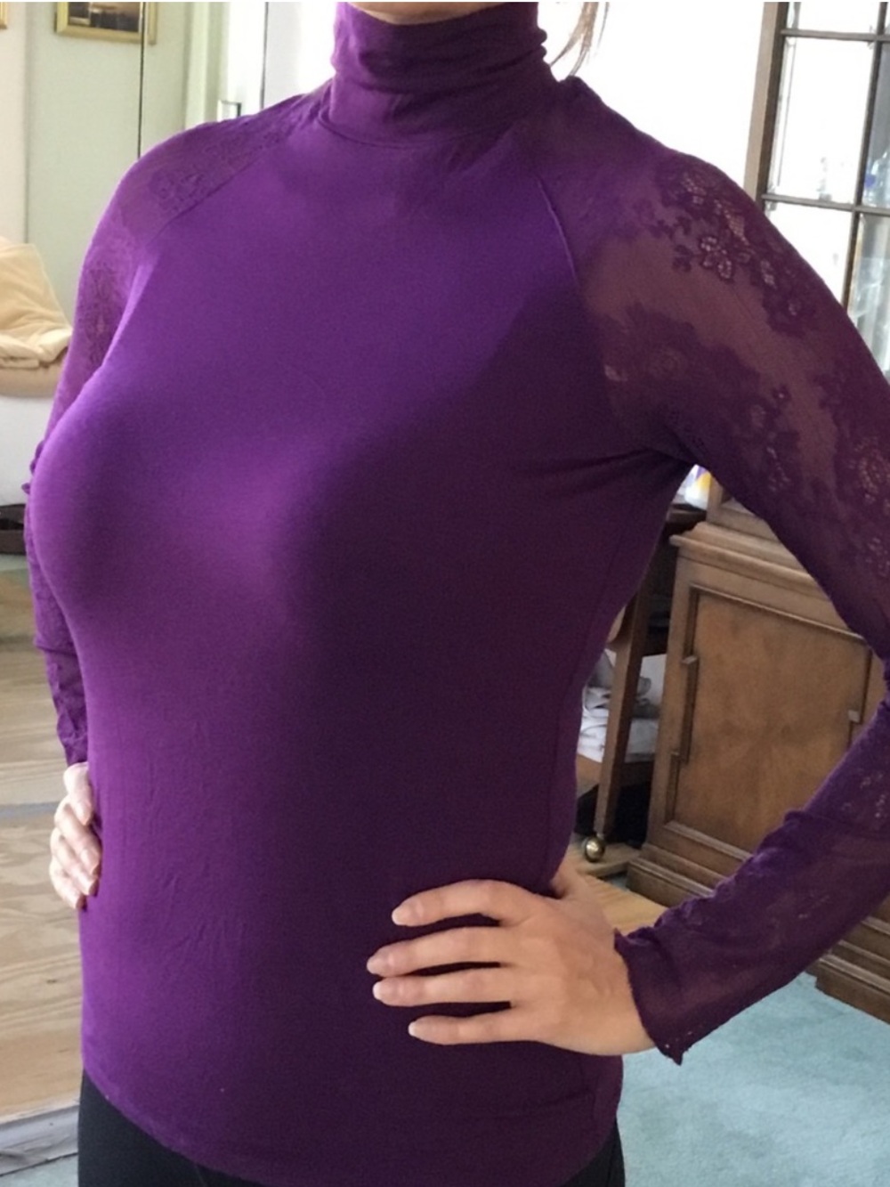 Moda International Lace Sleeve Mockneck Top - Size M, Purple